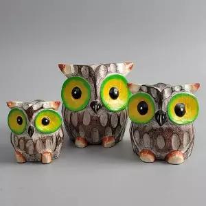 발리에서온 KPO482O6 내추럴 목각 나무 부엉이 장식소품 3P