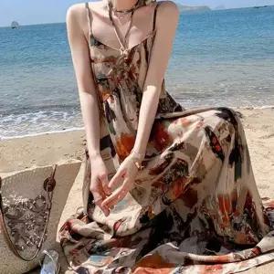 여성원피스추천 브이넥 패턴 여성 끈나시 롱 원피스 휴양지룩 비치룩