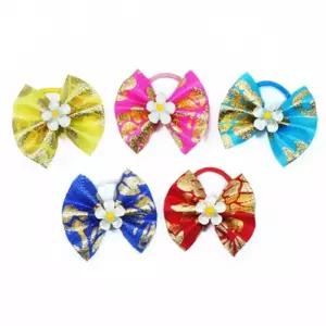 한복풍 수국꽃 금박 리본 고무줄 헤어끈 2개 애견집게핀