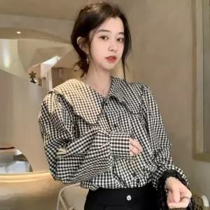 [하프클럽/]여성 큐티 여름 빅카라 체크블라우스 루즈핏 긴팔셔츠