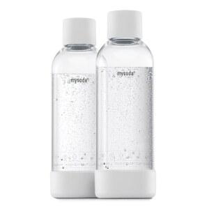 마이소다 탄산염 병 2Pck 1L - 마이소다 및 모든 브랜드와 호환 - 퀵락 재사용 가능한 병 - 뚜껑 및 바닥 목재 복합재 - BPA 프리 - 흰색