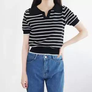 시원한 여름 여성 반팔니트 크롭니트 카라 스트라이프 니트티 WFJ2B71