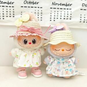 솜깅이 무속성 미니 인형 의류 복장 액세서리 15-17cm Labubu Idol 코튼 여름 밀짚 모자 활 귀여운 드레스