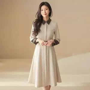 [스타일온미] 투비엔 레더 배색 카라 벨트set 플리츠 트위드 원피스