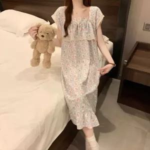 옥뚜브레 커플잠옷세트 프린세스룩 잠옷 스커트 얇은 캐주얼 편한 작은 소매 롱 여름 UNO1