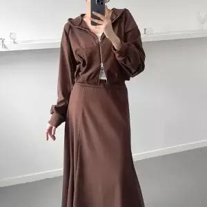 여자 크롭 투웨이 포켓 후드집업 플레어 롱스커트 세트