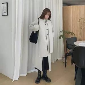 여성 울 롱 코트 노카라 머플러 세트 루즈핏