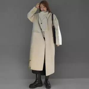 여성 루즈핏 울 롱 코트와 노카라 머플러 세트