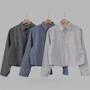 여성 세미 크롭 스트라이프 기본 카라 긴팔 블라우스 가을 시즌