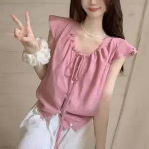 여성 리본 스트랩 캡소매 프릴 셔링 블라우스