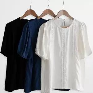 여성 레이스 셔링 퍼프 빅사이즈 라운드넥 반팔 블라우스