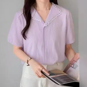 여성 여름 사무실룩 레이스 칼라넥 골지 박시 블라우스