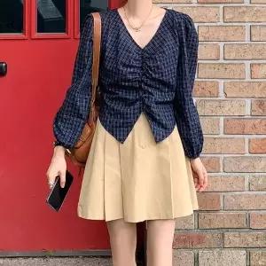 여성 퍼프 소매 브이넥 셔링 크롭 블라우스 가을용