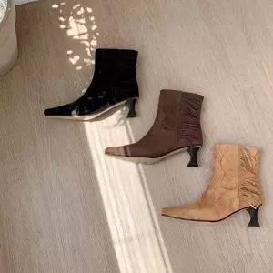 여성 스웨이드 프린지 스틸레토 미들힐 부츠