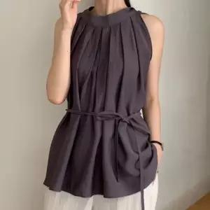 여자 핀턱 허리끈 리본 러블리 하객룩 민소매 블라우스