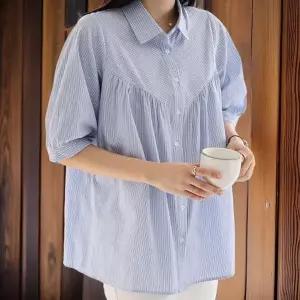 여성 스트라이프 A라인 카라 셔링 대형 블라우스