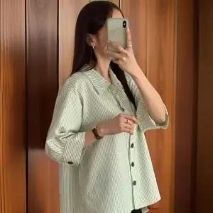 여성용 스트라이프 패턴 면 혼합 7부 루즈 셔츠