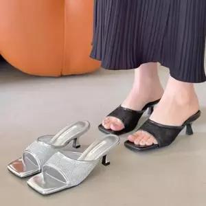 여성용 심플 사각코 메쉬 오픈토 미들힐 샌들