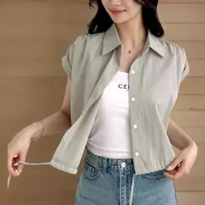 여성 여름 카라 블라우스 크롭탑 스트링 어깨 셔링 캡소매