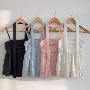 여성 셔링 스모크밴딩 프릴 리본 끈 블라우스