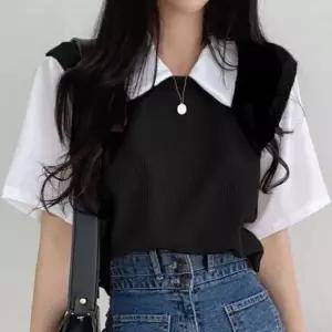 가오리 카라반팔티 통소매 날개 골지조끼 레이어드티