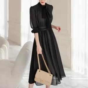 [시크라인] 토마 셔링 하이넥 쉬폰 플레어 원피스