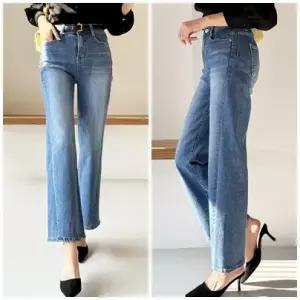 여성 스판 링사 사선다트 와이드 데님팬츠 통청바지