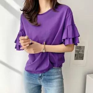 여성 면 무지 소매 셔링 프릴 반팔 티셔츠 -CTS0809-