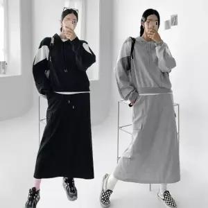 여성 봄 가을 면 배색 나그랑 후드티 카고 롱 스커트 트레이닝 세트 SST0098S 빅사이즈 루즈핏