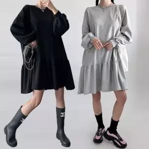 여성 봄 가을 면 무지 긴팔 프릴 미니 원피스 OP0478S 빅사이즈 루즈핏