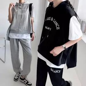 여성 봄 여름 77까지 면 후드조끼 조거팬츠 트레이닝 세트 츄리닝 셋업 PST0410S 빅사이즈 루즈핏