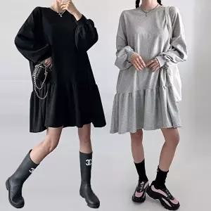 [유야]여성 면 무지 긴팔 프릴 미니 원피스 SOP0478 봄 가을