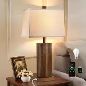 러브라스트 27.5인치 우드 테이블 램프 USB 충전 포트가 있는 현대식 농가 침실 거실 침실용 천연 나무