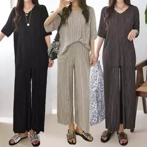 여성 여름 냉감 핸드주름 브이넥 반팔 롱 티셔츠 바지 플리츠 세트 PST0061S 빅사이즈 루즈핏
