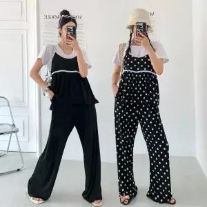 여성 여름 아이스 쿨 무지/도트 뷔스티에 블라우스 바지 세트 PST0447S 빅사이즈 루즈핏