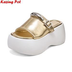 Krazing Pot Cow Skin 하이힐 Peep Toe Vacation 캐주얼 슬라이드 슬링 백 뮬 플랫폼 여름 샌들  외부 슬리