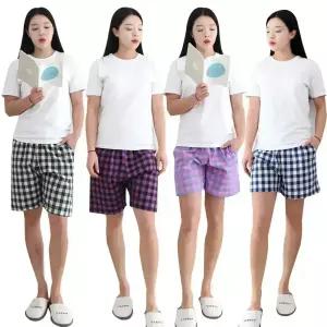 여성 큰체크 3부 5부 잠옷 바지 슬레진저 면 여자 파자마 주머니 반바지 홈웨어 하의
