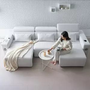 알렉스 전동 슬라이딩 확장형 4인용소파 아쿠아스웨이드 (멀티기능 USB포트 스피커 무선충전) E0등급자재