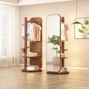 전신 거울 스탠드행거 원목 선반 호두 전신거울 회전 실 소형 캐비닛 디자인 물결