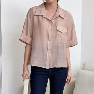 여성 시스루 포켓 롤업반팔 카라넥 스트링 핀턱 셔츠