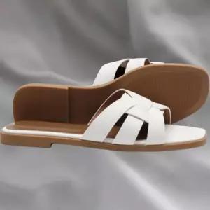 여성 클래식 가죽 크로스 스트랩 로우힐 슬리퍼 샌들