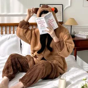 카피바라 로브 극세사 코스튬 수면잠옷 긴팔 바지 세트 원피스 가운 여성 기모 파자마 겨울 파티