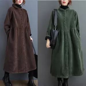 중년여성 두꺼운 기모 안감 가을 겨울 A라인 원피스 레트로스타일 홈웨어 데일리 외출 드레스 빅사이즈