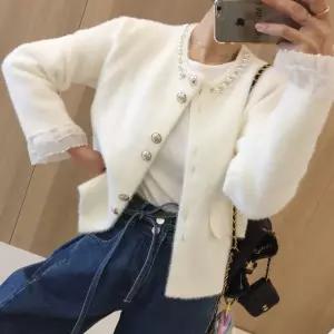 블랑 라운드 노카라 진주넥 레이스 레이어드 겨울 봄 페이크 앙고라 니트 가디건자켓 (2color)