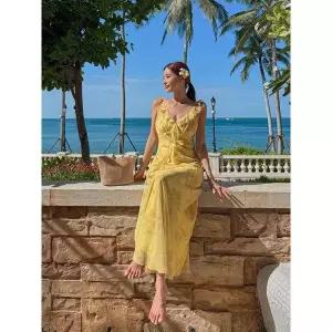 [하프클럽/]플로라 프릴 비치 원피스 OP20347F 플라워 시폰 브이넥 나시 롱 맥