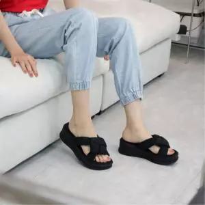 여성 편안한 쿠션 통굽 슬리퍼 끈 스트랩 위빙