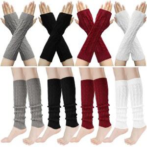 보누치 8쌍 여성 레그 워머 팔 세트 겨울 따뜻한 롱 니트 부츠 양말 파티 선물용 손가락 없는 장갑