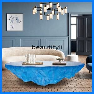 SS 에폭시 레진 블루 커피 테이블 호텔 거실 아트 고급 디자이너 투명 원형 테이블