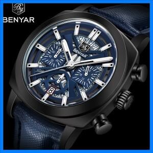 Benyar Design 2024 남성용 쿼츠 시계 43mm 야광 다이얼 50m 방수 반사 방지 크로노그래프 패셔너블 New
