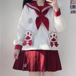 화이트레드 배색 고양이 세라복세트(상의 타이 치마)